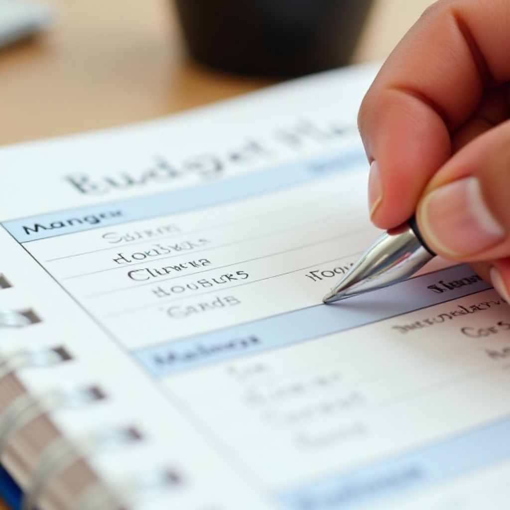 Mano escribiendo un plan de presupuesto en un cuaderno