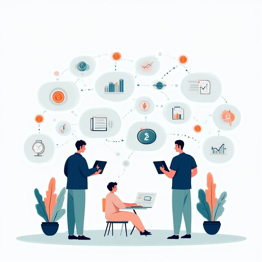 Ilustración de personas comunicándose a través de dispositivos digitales para finanzas